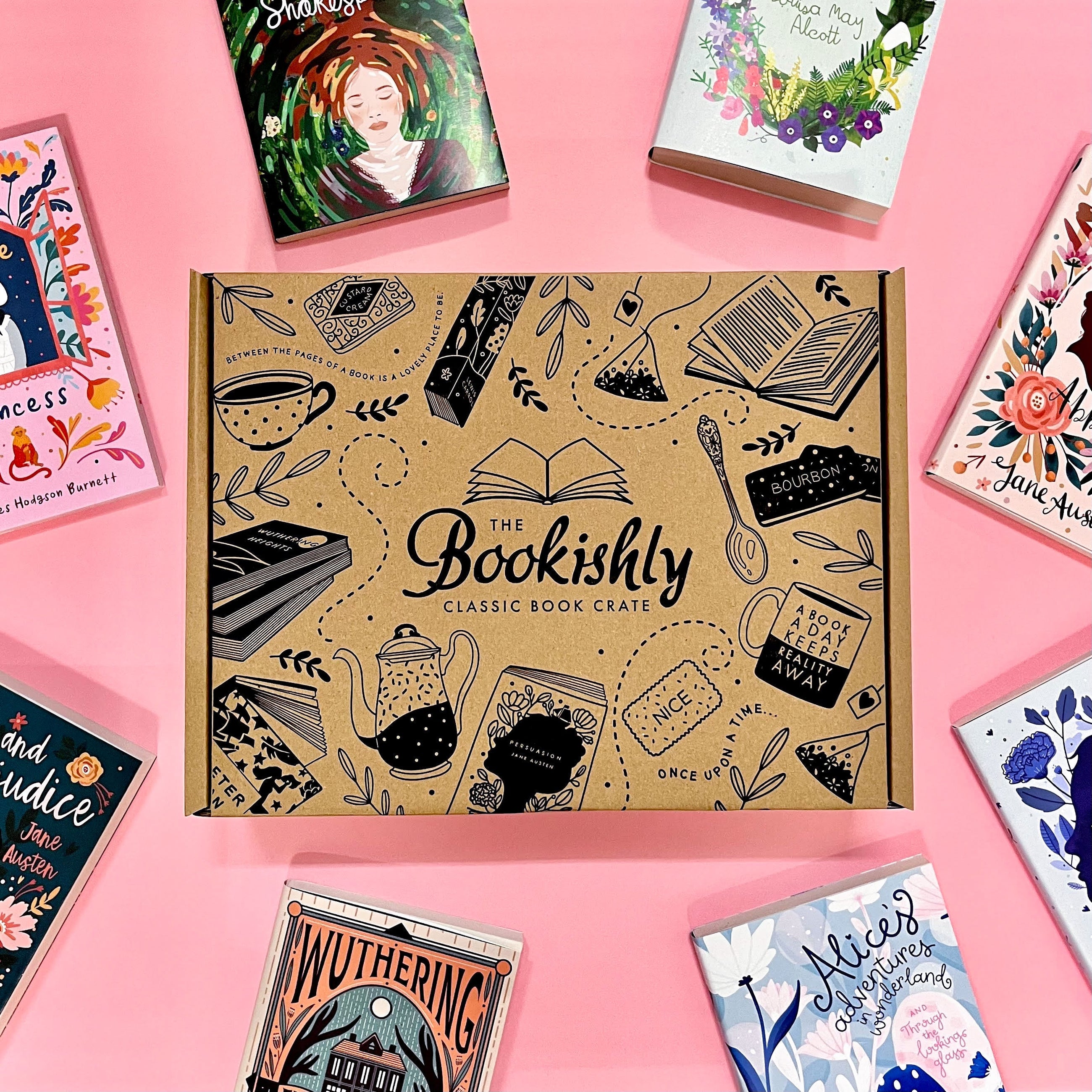 Book Subscription. The Bookishly Classic Book Crate. Bookish Gifts. The Book box subscription. Classic Literature crate. Surprise Book Crate. Bookishly.