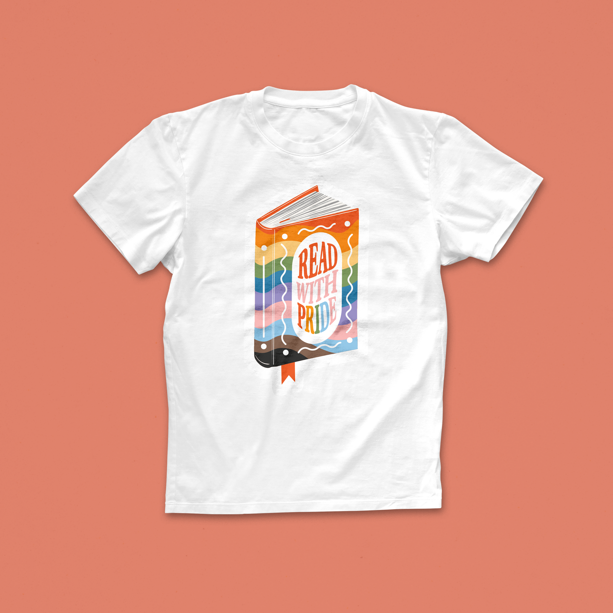 Read With Pride T-shirt featuring a colourful illustrated book in progress pride flag colours with hand-lettered text – LGBTQ+ book lover design