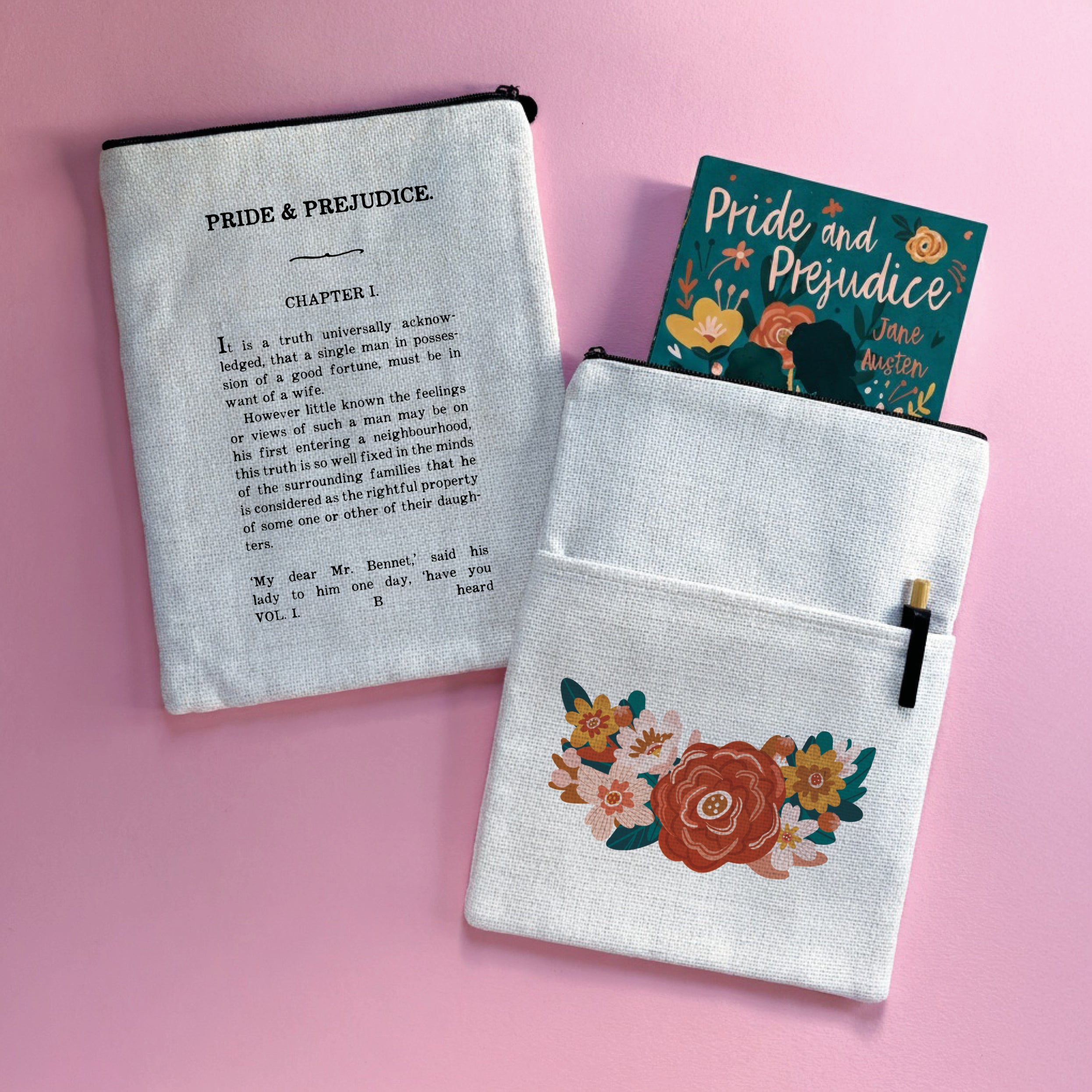 Pride and Prejudice book sleeve with Chapter One text and floral illustration, holding a paperback book