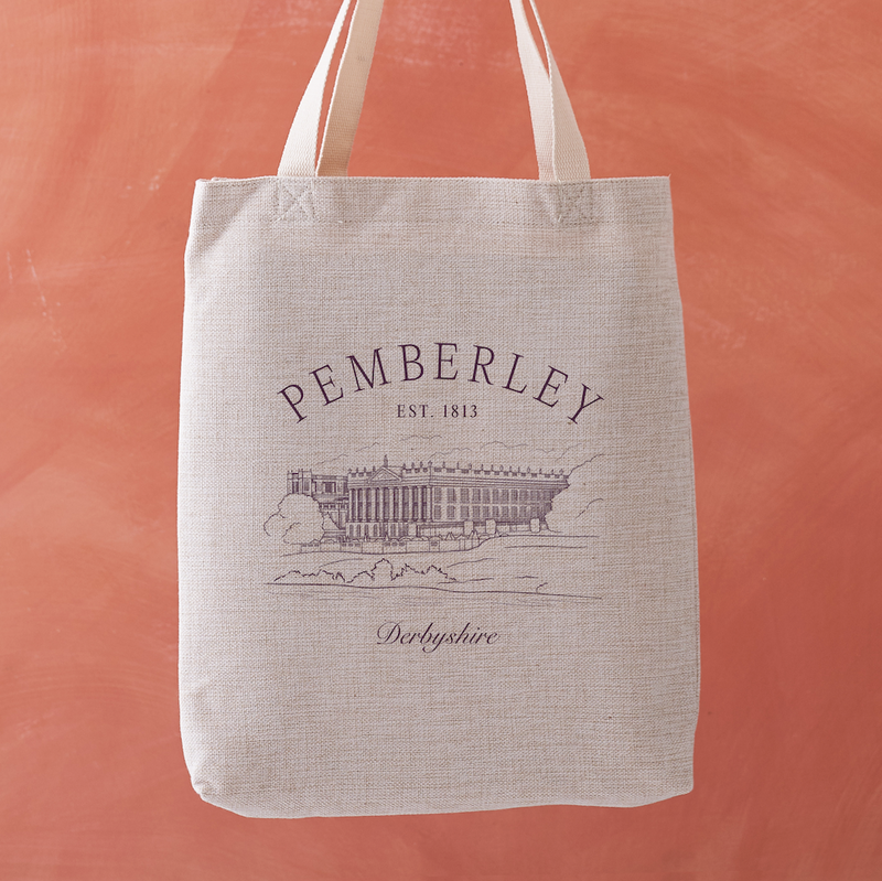 Tote bag with a vintage-style bookplate illustration of Pemberley, Mr. Darcy’s home from Pride and Prejudice, with elegant text and sketch-style design