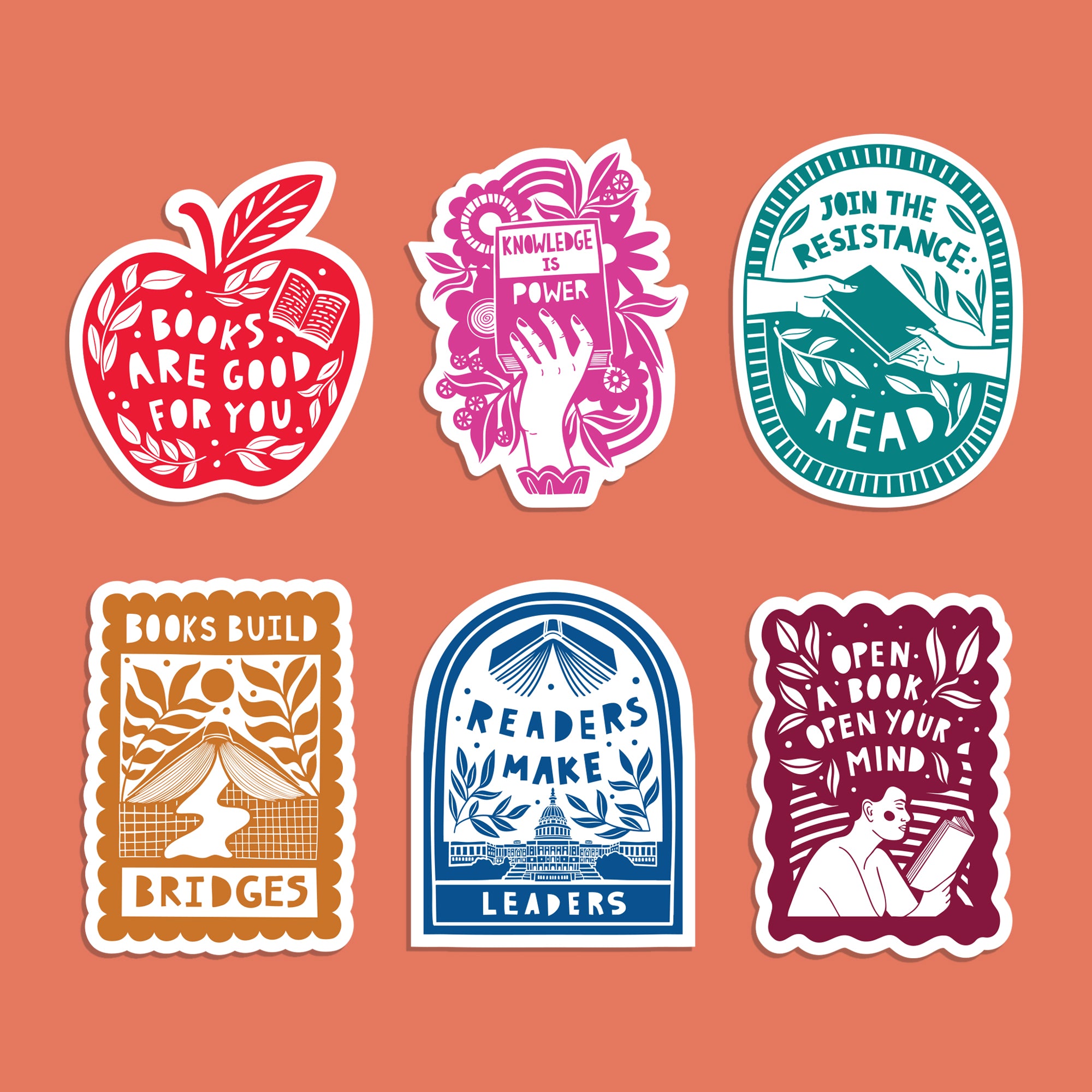 Open a book, open your mind, literary activist. Power of reading. Joy of Reading. Stickers for book lovers. The perfect gift for book lovers, bookworms, readers and bibliophiles. Bookish Stationery stickers. Sticker Bundle.