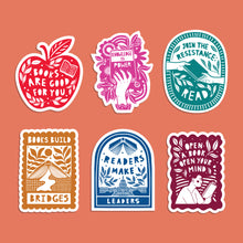 Open a book, open your mind, literary activist. Power of reading. Joy of Reading. Stickers for book lovers. The perfect gift for book lovers, bookworms, readers and bibliophiles. Bookish Stationery stickers. Sticker Bundle.