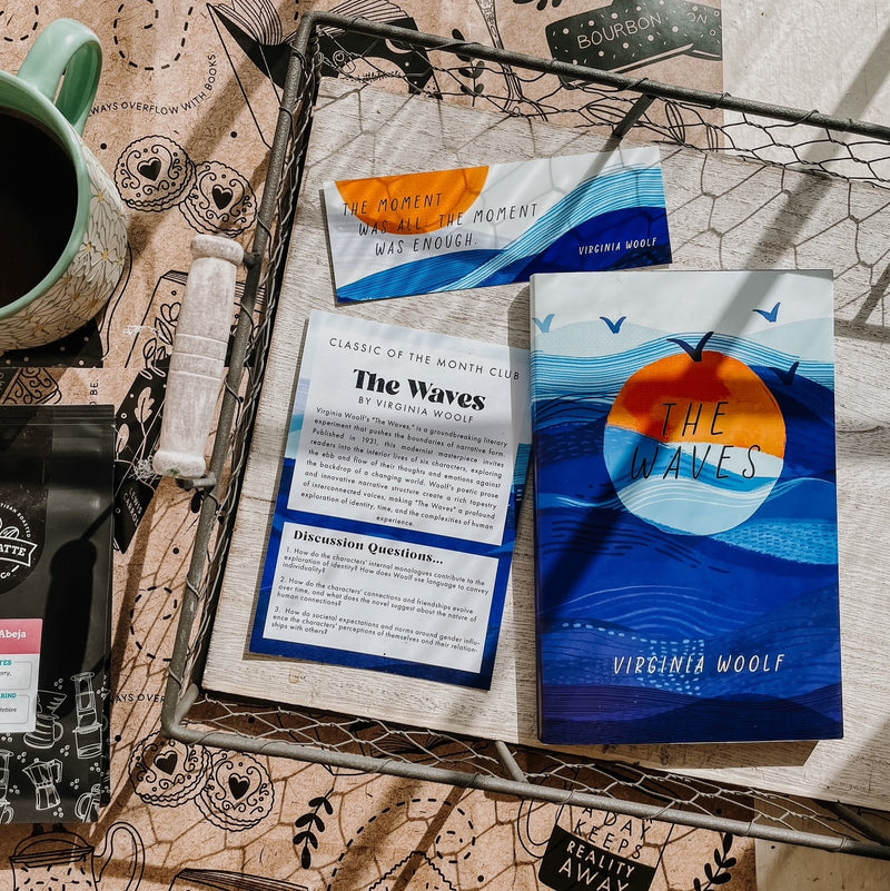 Classic book box featuring Virginia Woolf’s The Waves – colourful cover, coffee sachet, discussion card and subscription packaging