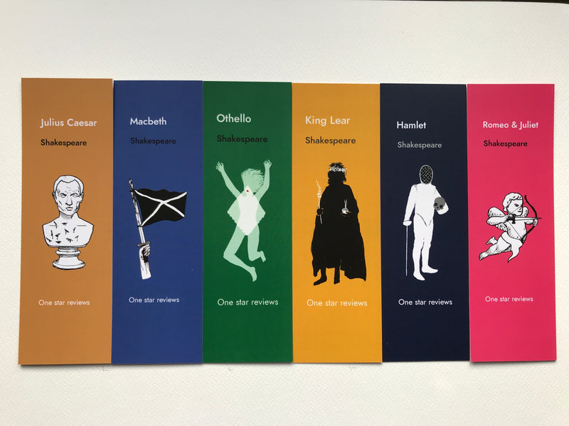 Set of six funny Shakespeare bookmarks featuring Hamlet Macbeth Othello King Lear Romeo and Juliet and Julius Caesar