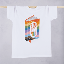 Read with Pride white cotton tshirt featuring a colourful book illustration. Get ready for PRIDE. Pride outfit. Bookworm and queer.