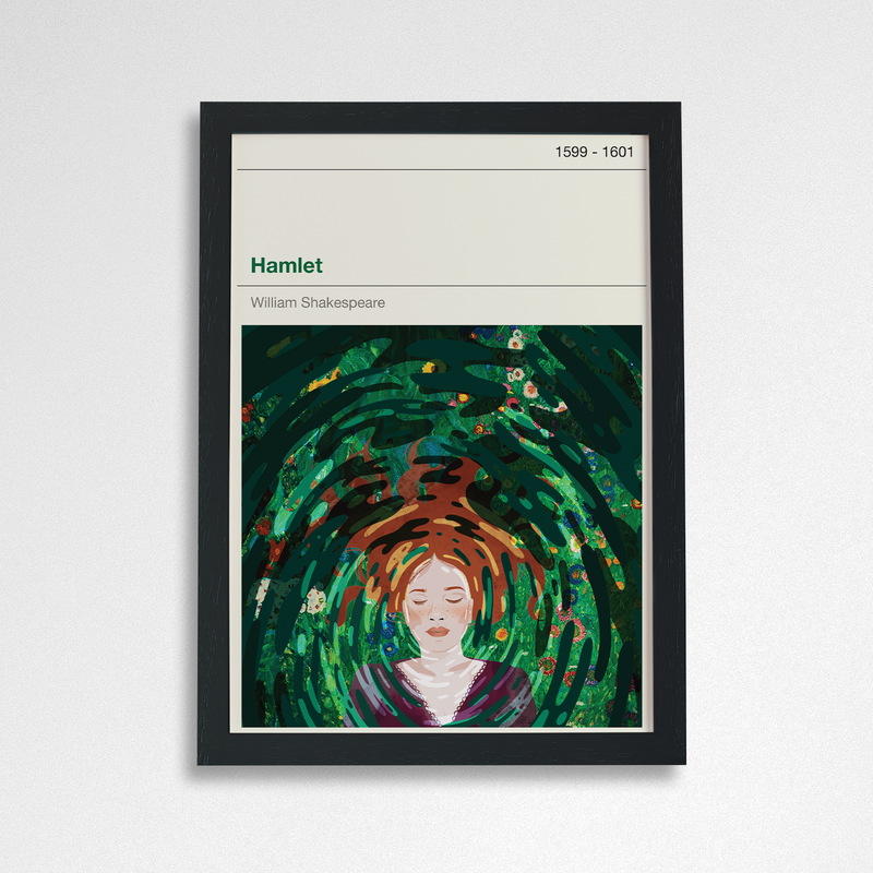 Ophelia art print from the Law & Moore x Bookishly collaboration, featuring a modern illustration of Ophelia surrounded by swirling colours.