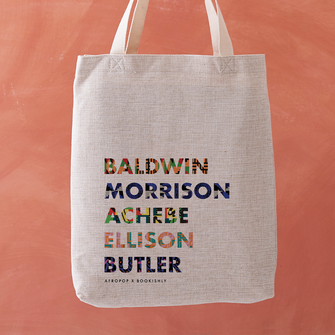 List of Black Authors tote bag, designed in collaboration with Afropop. Featuring block text with patterns inspired by African Heritage. Gifts for Book lover, bookworms, readers and bibliophiles. In support of black history month.