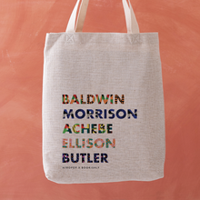 List of Black Authors tote bag, designed in collaboration with Afropop. Featuring block text with patterns inspired by African Heritage. Gifts for Book lover, bookworms, readers and bibliophiles. In support of black history month.