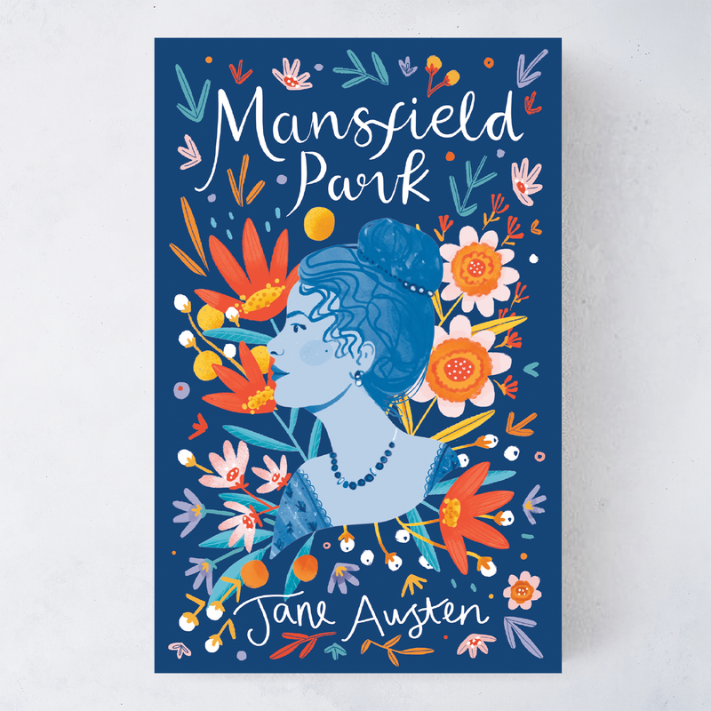 Flatlay of Mansfield Park by Jane Austen, Bookishly edition with exclusive illustrated dust jacket