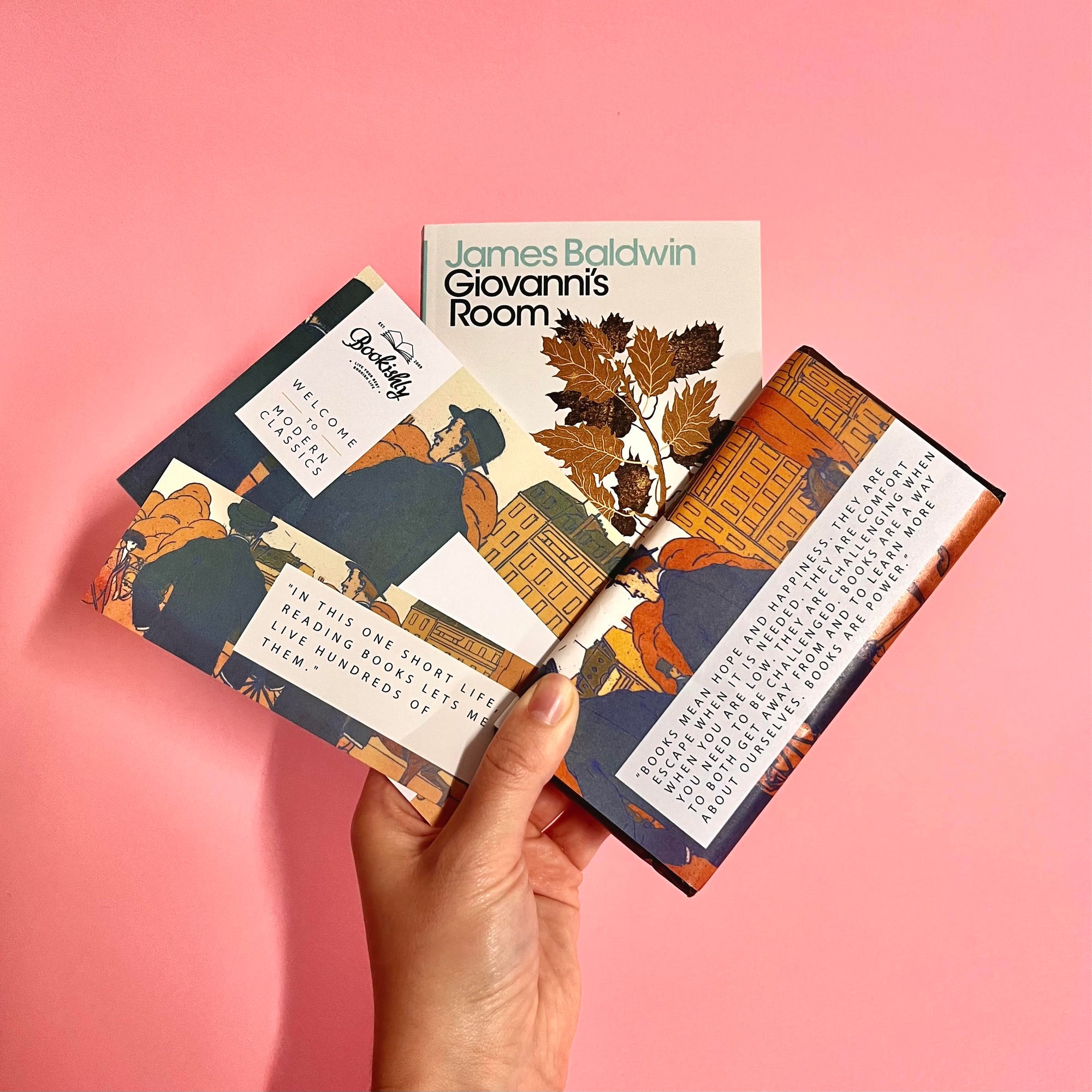 Modern Classics book and luxury chocolate subscription. The perfect gift for book lovers, bookworms, bibliophiles and readers. Modern Classic Literature. Starting with Giovanni's Room by James Baldwin.