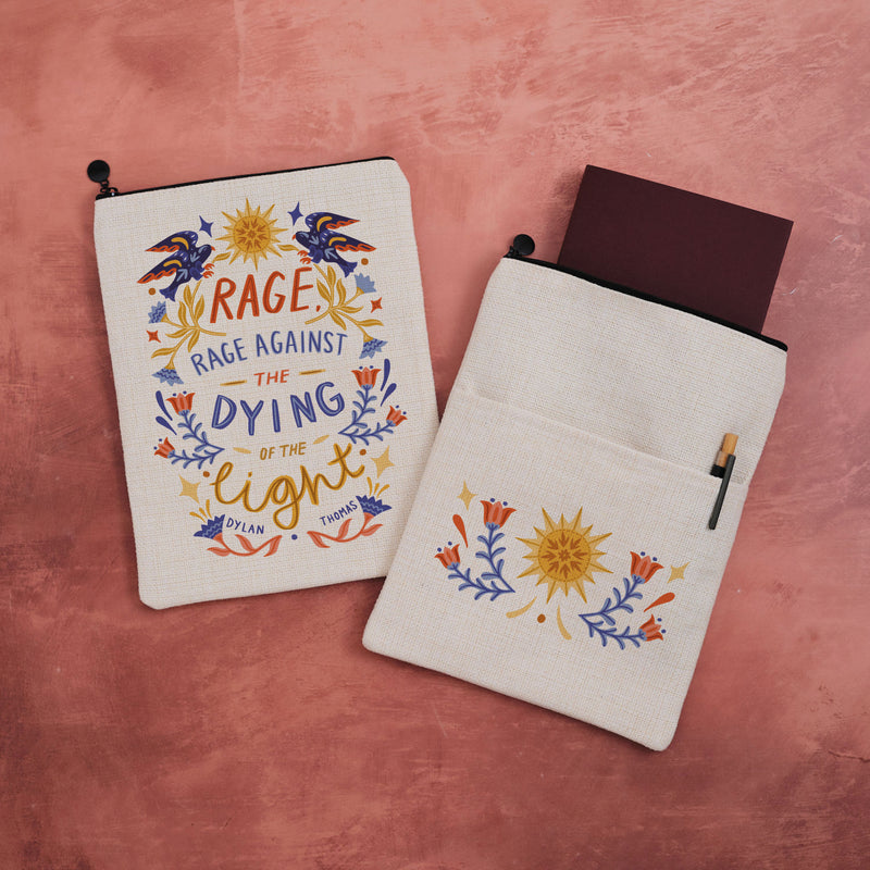 Linen-textured book sleeve featuring Dylan Thomas poem quote Rage Against the Dying of the Light in folk art style