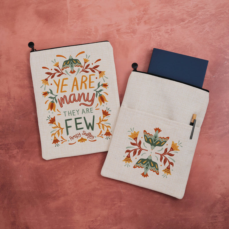 Linen-style book sleeve with Percy Shelley quote Ye Are Many They Are Few in Nordic folk art layout