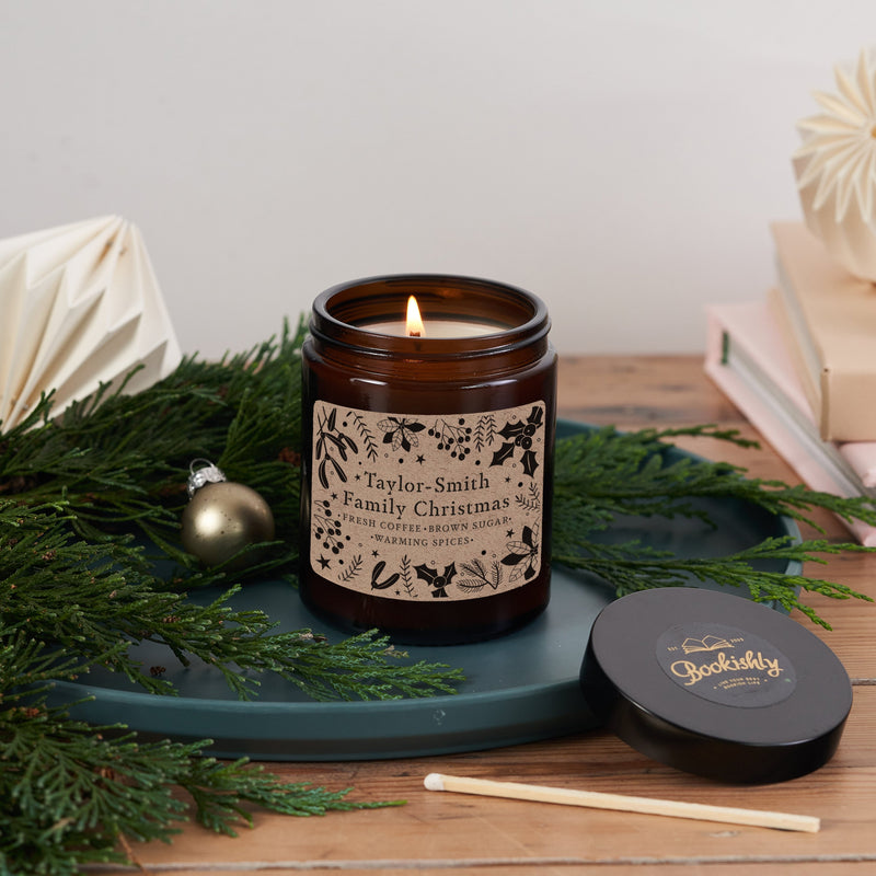 Personalised Family Christmas Candle. Soy wax Candle. Bookish Candle. Amber apothecary style jar. Apothecary. Hand Poured Signature Candle. Natural soy wax. Classic Literature. Personalised Candle. Bookshelf. Accessories for bookshelves. Shelfie. Gifts for bookworms.