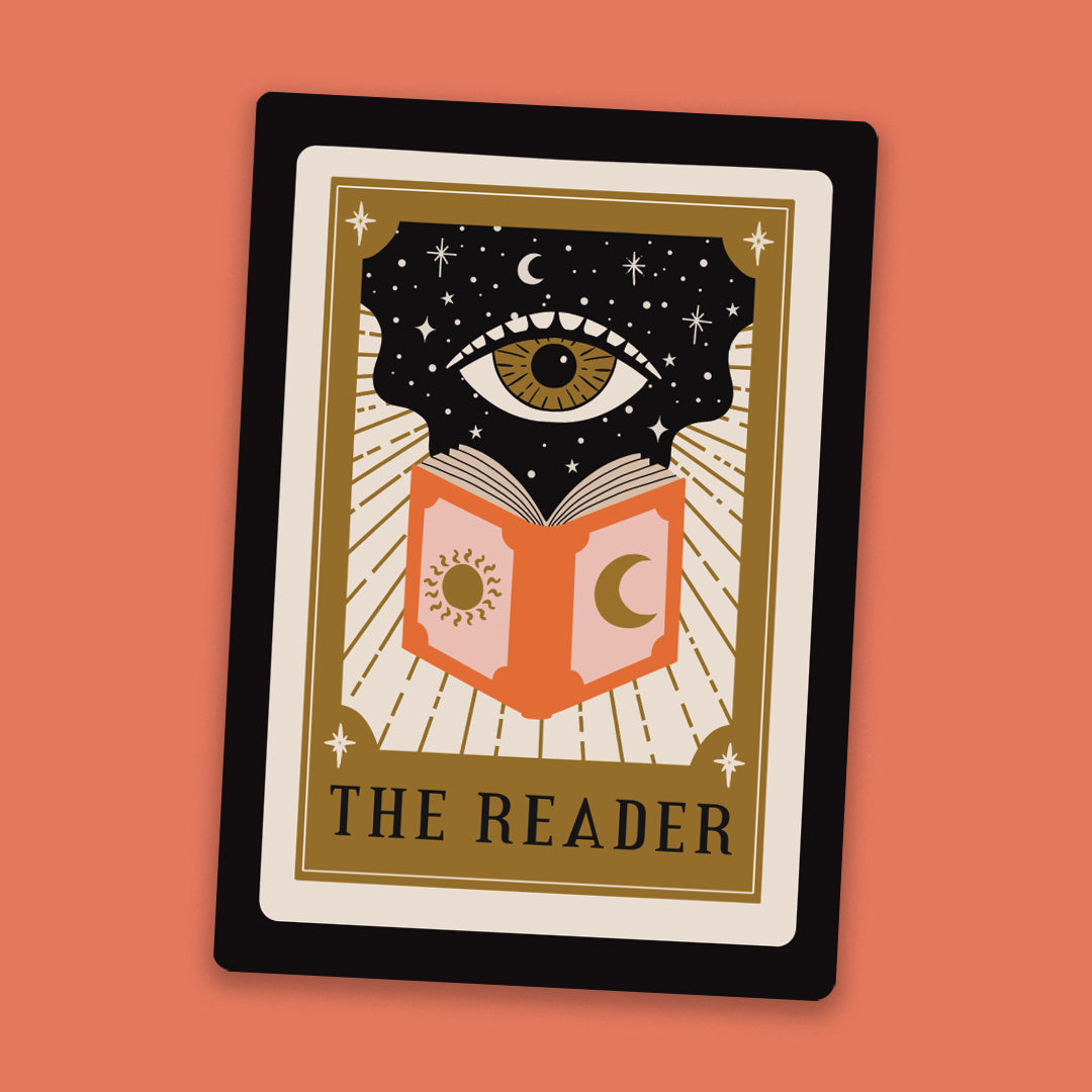The Reader Tarot Card Sticker on an orange background