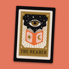 The Reader Tarot Card Sticker on an orange background