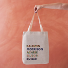 List of Black Authors tote bag, designed in collaboration with Afropop. Featuring block text with patterns inspired by African Heritage. Gifts for Book lover, bookworms, readers and bibliophiles. In support of black history month.