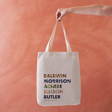 List of Black Authors tote bag, designed in collaboration with Afropop. Featuring block text with patterns inspired by African Heritage. Gifts for Book lover, bookworms, readers and bibliophiles. In support of black history month.