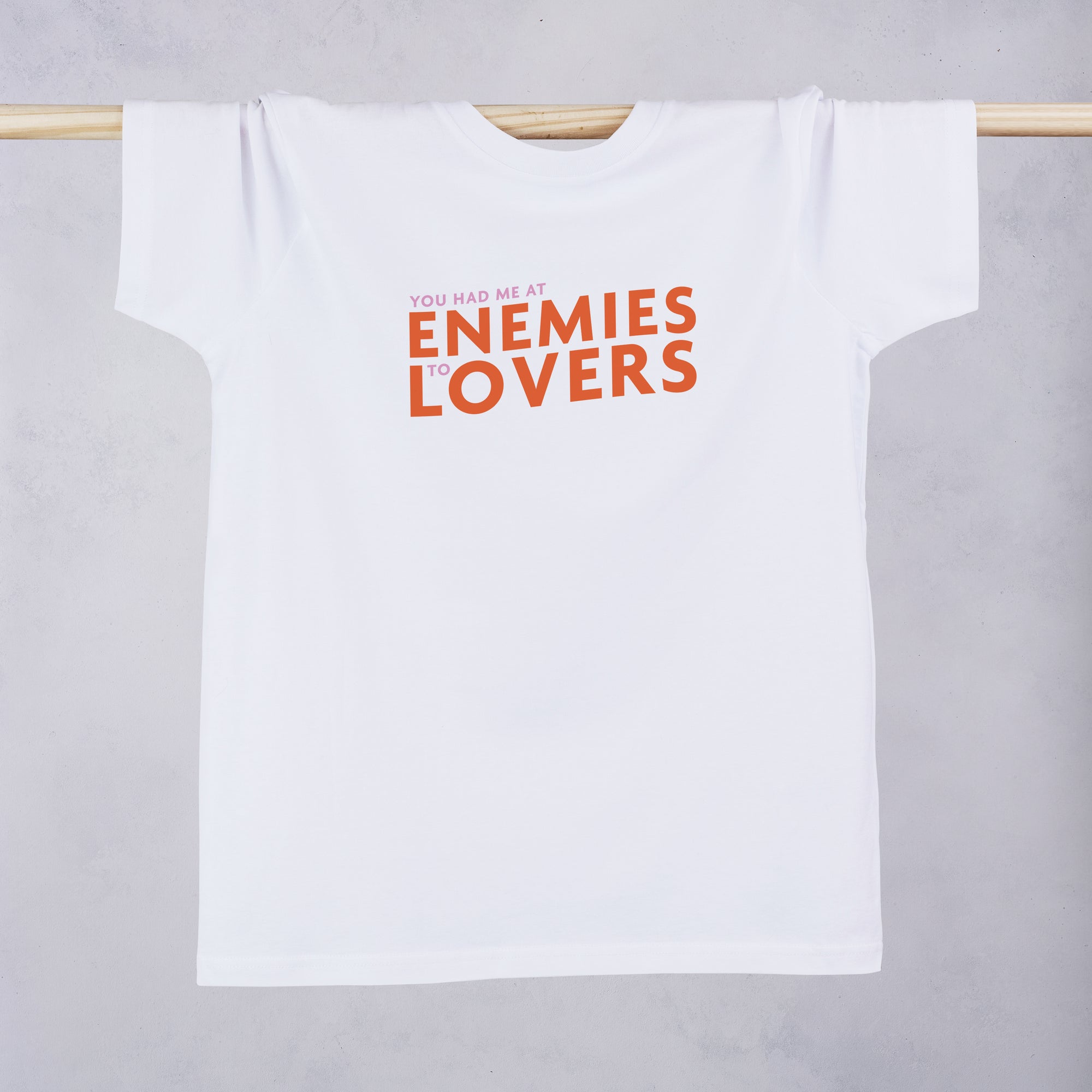 'You had me at enemies to lovers' book lover t shirt, designed by Bookishly. Gift for bookworm, readers and bibliophiles.