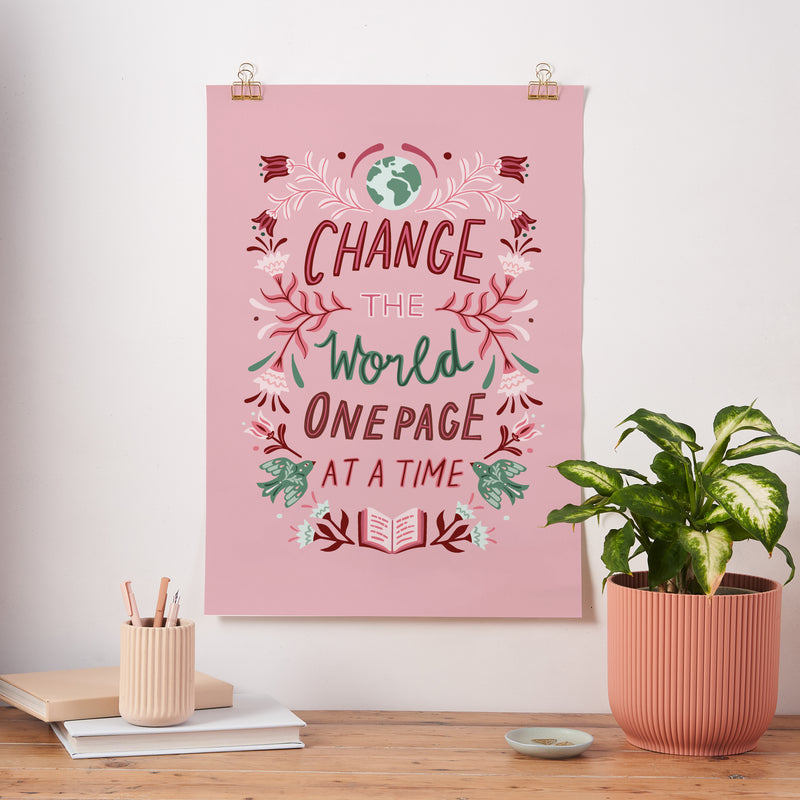 Change the World One Page at a Time Folk Art Poster - Book Lover Gift