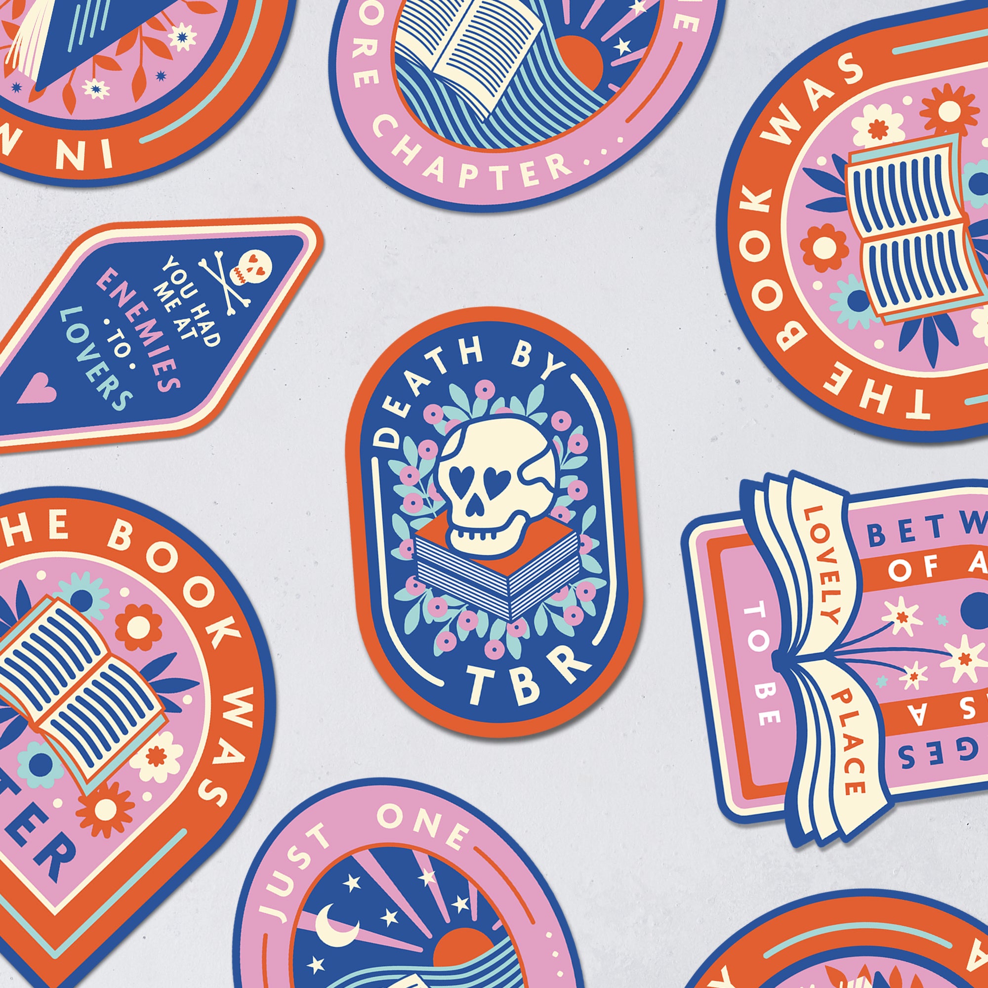 Death by TBR. Large die cut vinyl sticker. Bookish stationery for your laptop, phone, e-reader, notebook. Perfect gift for book lovers, bookworms, readers, bibliophiles. Booktok. Bookstagram. Bookishly. UK.