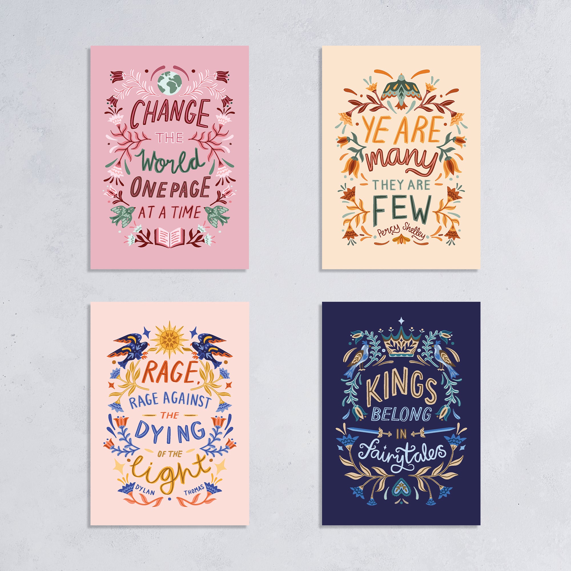 Flat lay of four radical literary folk art postcards featuring quotes by Dylan Thomas, Percy Shelley, and anti-authoritarian slogans