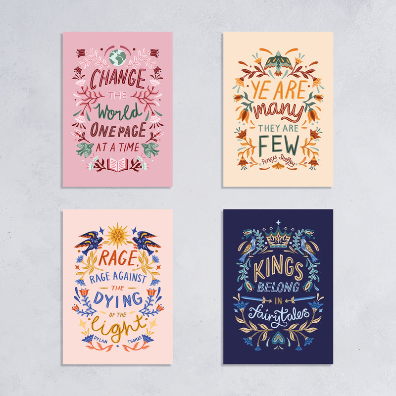 Flat lay of four radical literary folk art postcards featuring quotes by Dylan Thomas, Percy Shelley, and anti-authoritarian slogans
