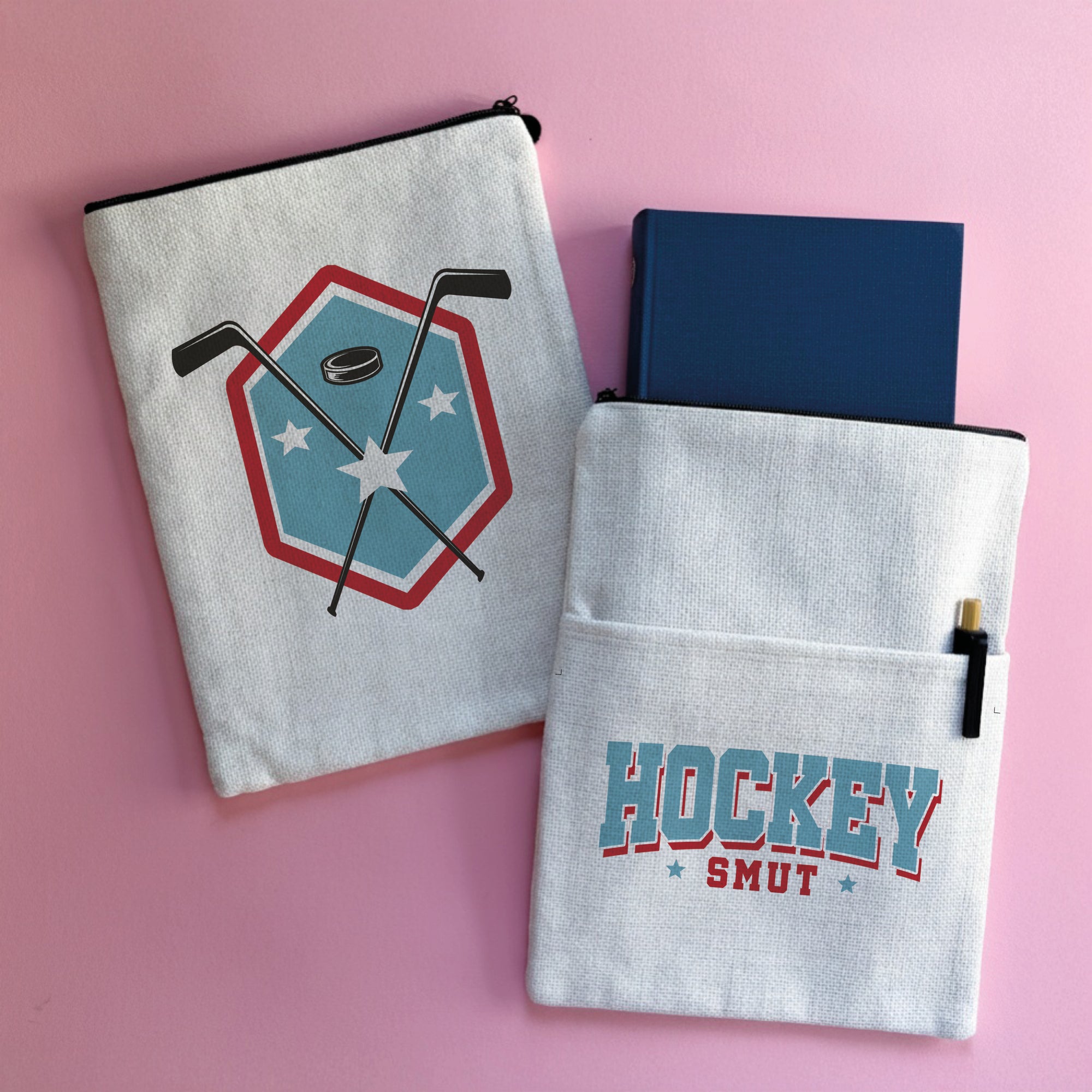 Hockey smut book sleeve with sports style text on natural fabric