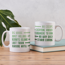 White mug with green text listing crime fiction settings, including big house and seaside hotel