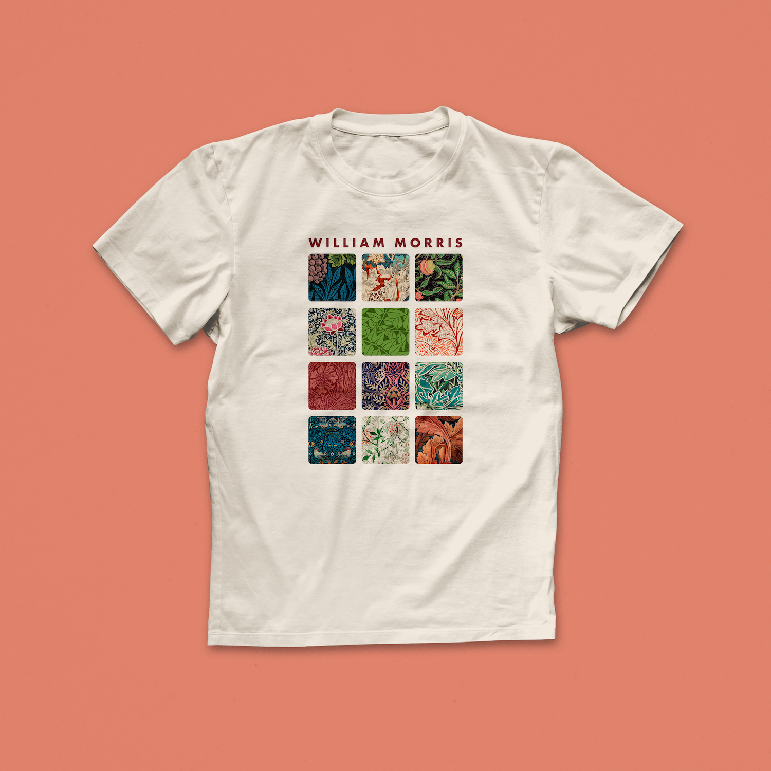William Morris art T-shirt with a grid of twelve vintage floral and nature-inspired pattern tiles, printed on a white shirt