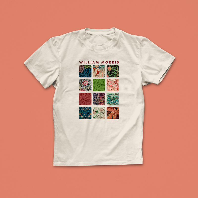 William Morris art T-shirt with a grid of twelve vintage floral and nature-inspired pattern tiles, printed on a white shirt