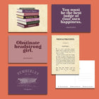 Set of five Jane Austen postcards featuring literary quotes, book stack illustration, and a first edition page of Pride and Prejudice