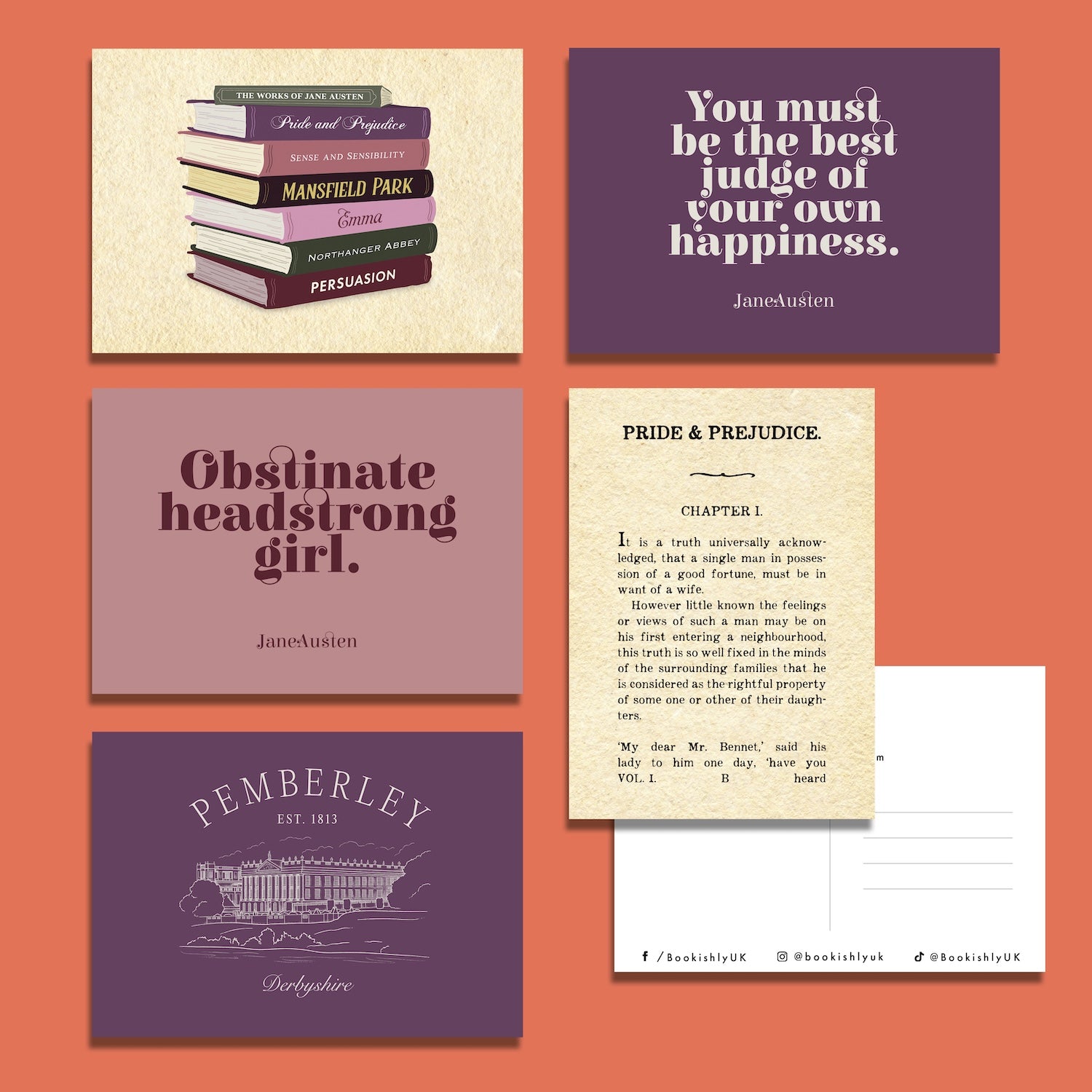 Set of five Jane Austen postcards featuring literary quotes, book stack illustration, and a first edition page of Pride and Prejudice