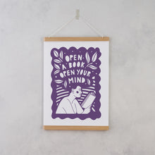 Open a book, open your mind. Literary activist wall art. Bookish prints for readers. Gift for readers, book lovers, bookworms, bibliophiles. Prints by Bookishly. The Power of reading. The joy of books. Educational art. Classroom Art.