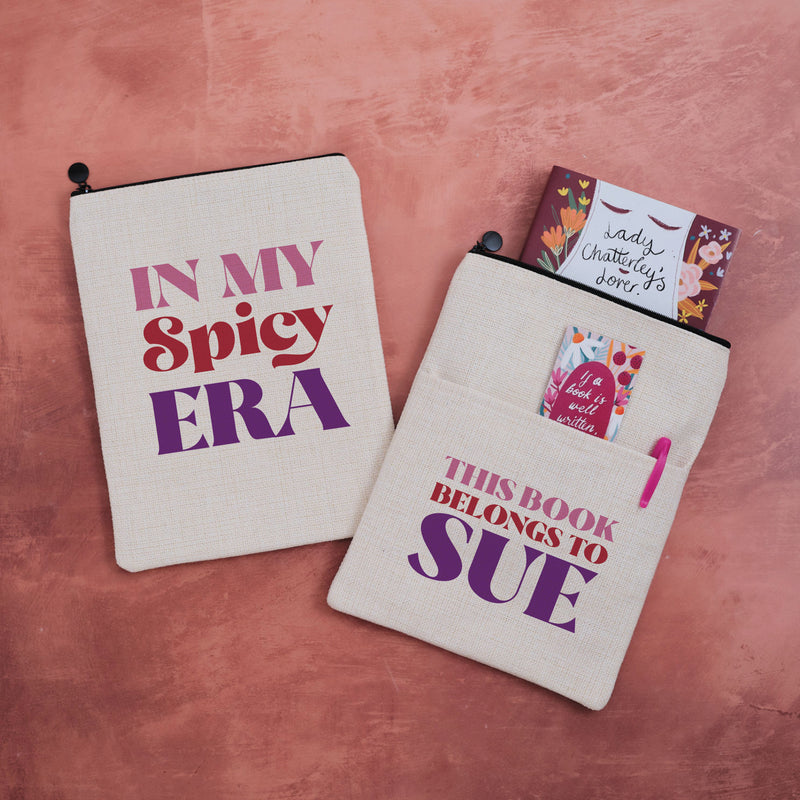 Personalised book sleeve featuring “In My Spicy Era” design on one side and “This Book Belongs To Sue” on the other.