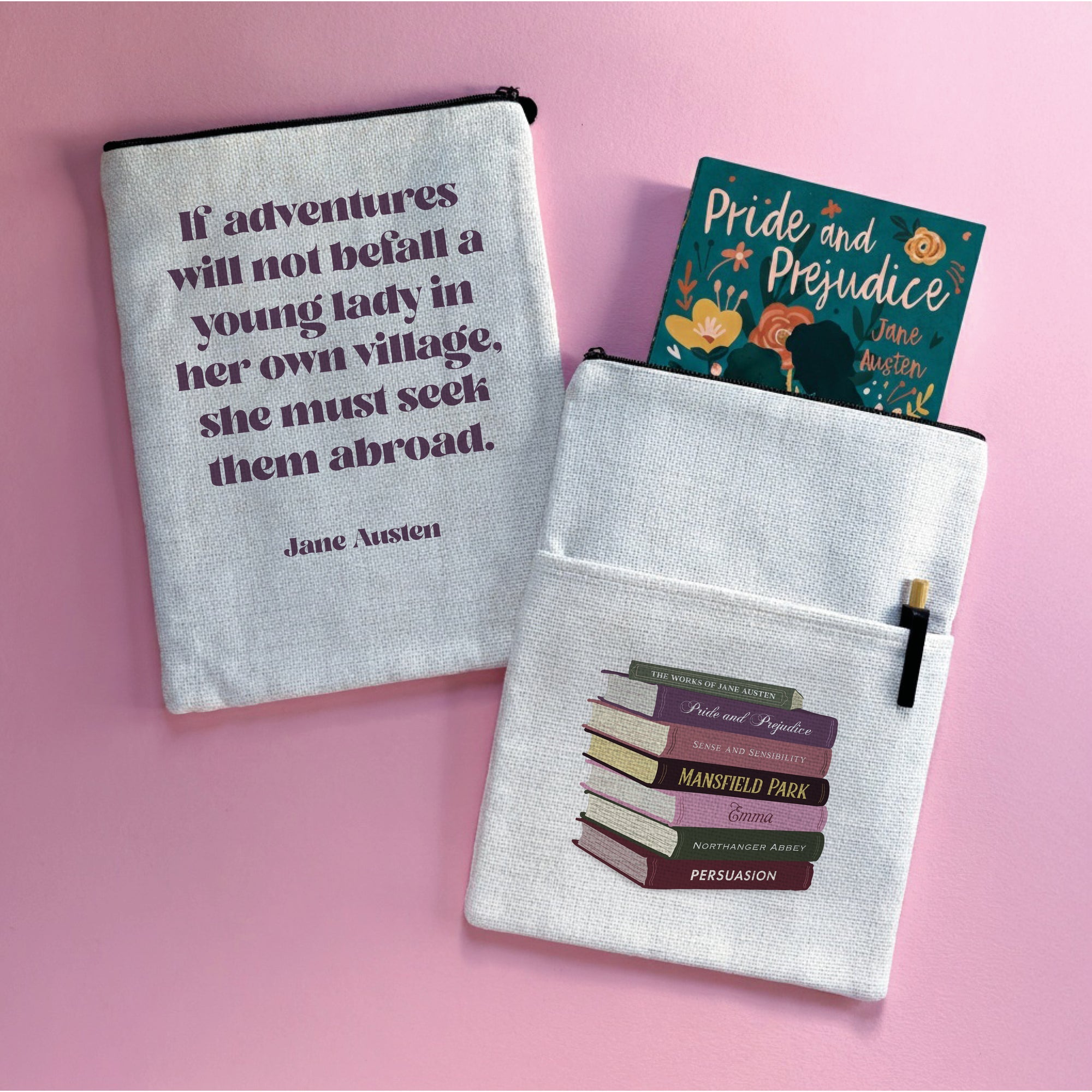 Jane Austen book sleeve with Pride and Prejudice book inside, featuring Austen quote and illustrated stack of her novels on a pink background