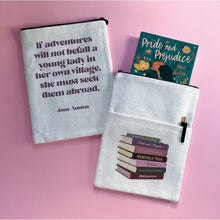 Jane Austen book sleeve with Pride and Prejudice book inside, featuring Austen quote and illustrated stack of her novels on a pink background