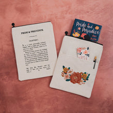 A zip topped book sleeve featuring a floral design on the front and Chapter One from Pride & Prejudice on the other.
