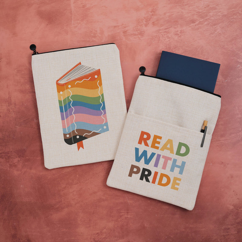 Fabric book sleeve featuring a rainbow coloured book on one side and Read with Pride on the other.