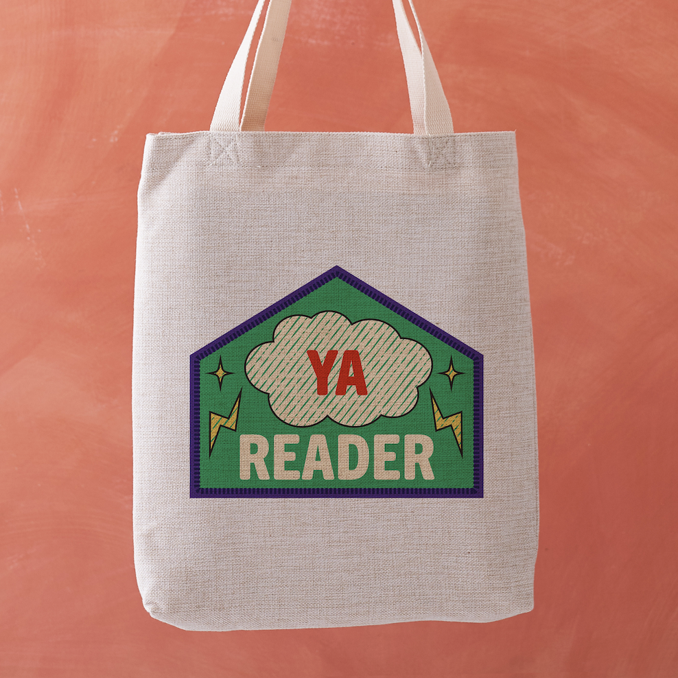 Image Alt Text
YA Reader tote bag featuring a stitched badge-style design with a lightning bolt on a green background.
