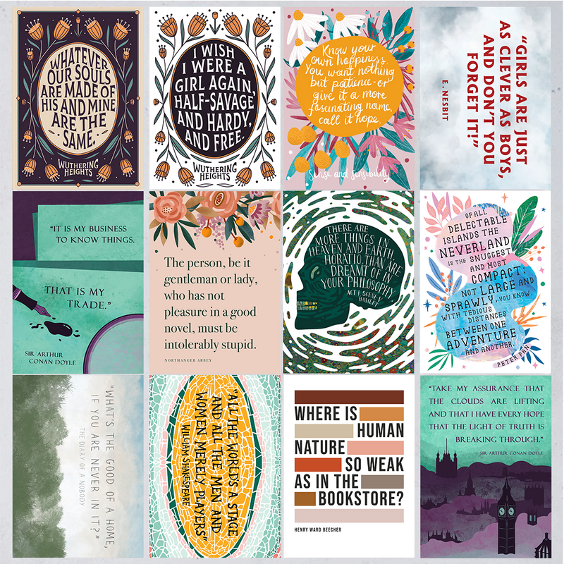 Wuthering Heights, Sense and Sensibility, Railway Children, Peter Pan, Hamlet, Northanger Abbey, The Casebook of Sherlock Holmes, Diary of a Nobody and As You Like It. Postcard. Postcard Set.
