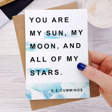 "You are my sun, my moon, and all of my stars." Anniversary Card for Book Lovers