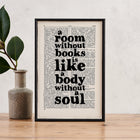 Framed vintage-style print with the quote “A room without books is like a body without a soul” printed on a dictionary page