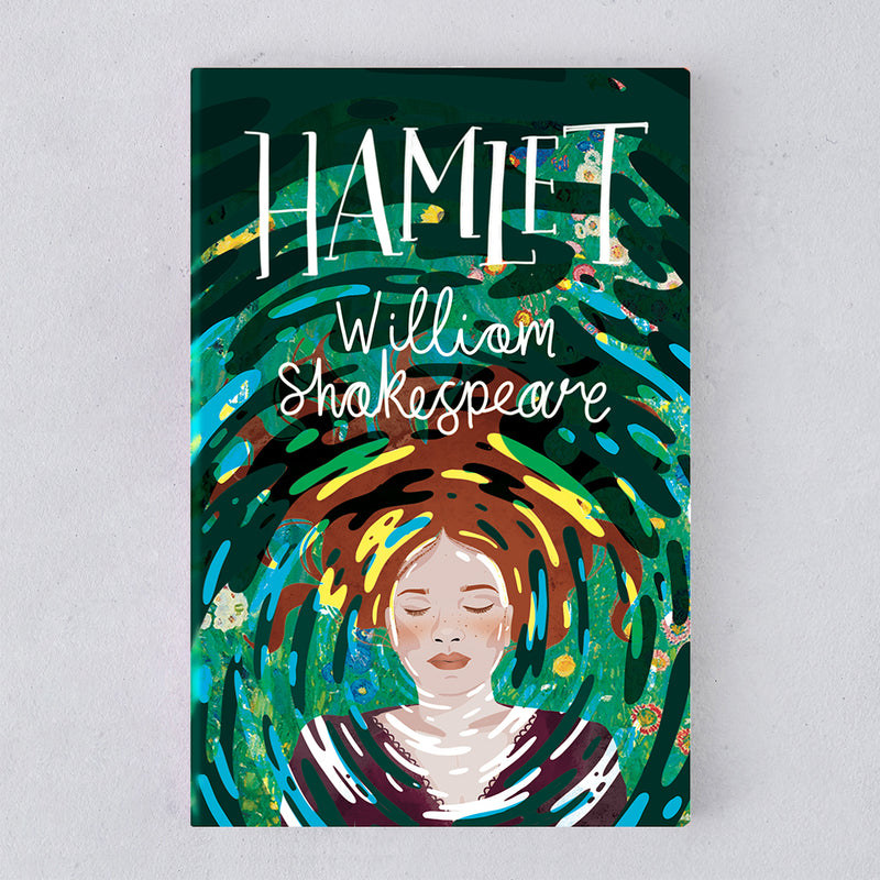 Illustrated edition of Shakespeare’s Hamlet featuring a modern Ophelia-inspired cover design with swirling water and flowers.