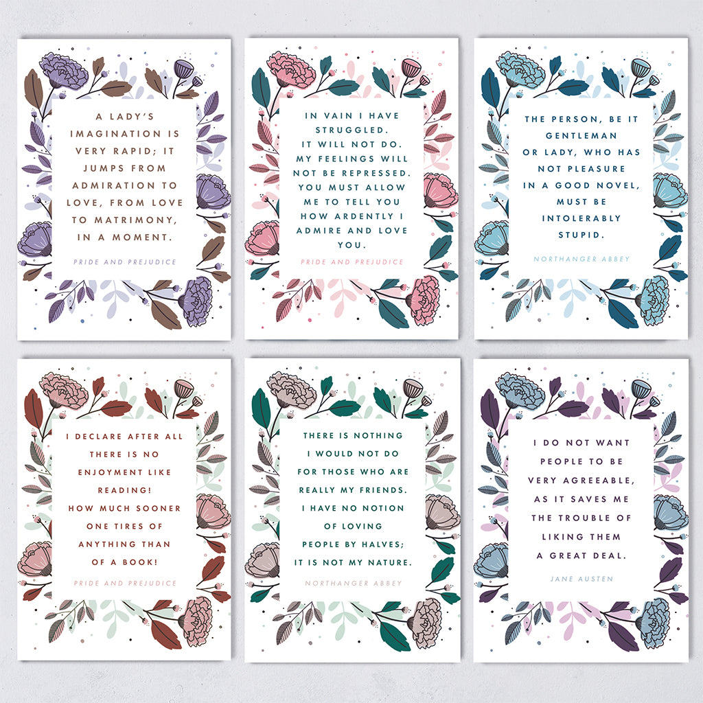 Jane Austen Postcard Set - Beautiful Book Quote Postcards - Pack of Six