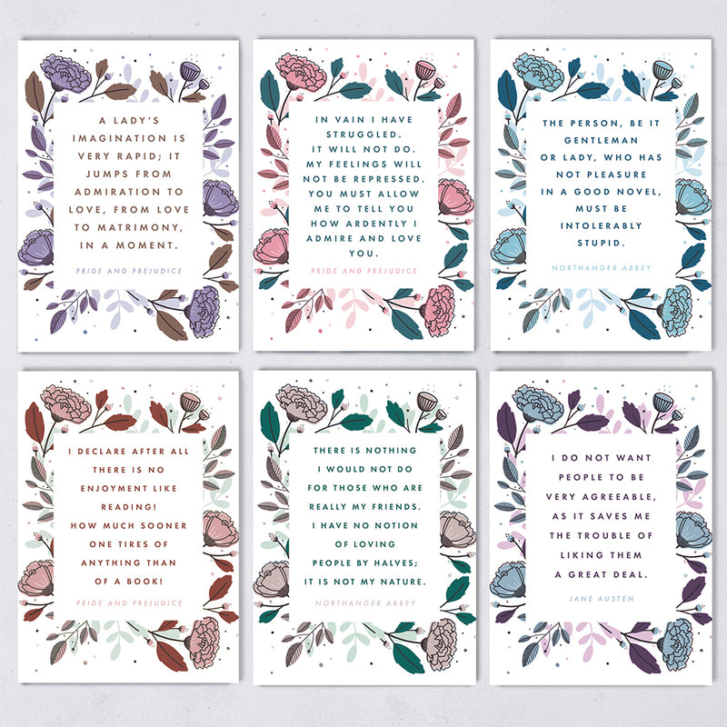Jane Austen Postcard Set - Beautiful Book Quote Postcards - Pack of Six