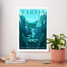 Narnia art print in vintage travel poster style featuring a snow-covered forest, icy mountains, and a lamppost inspired by The Lion, the Witch and the Wardrobe