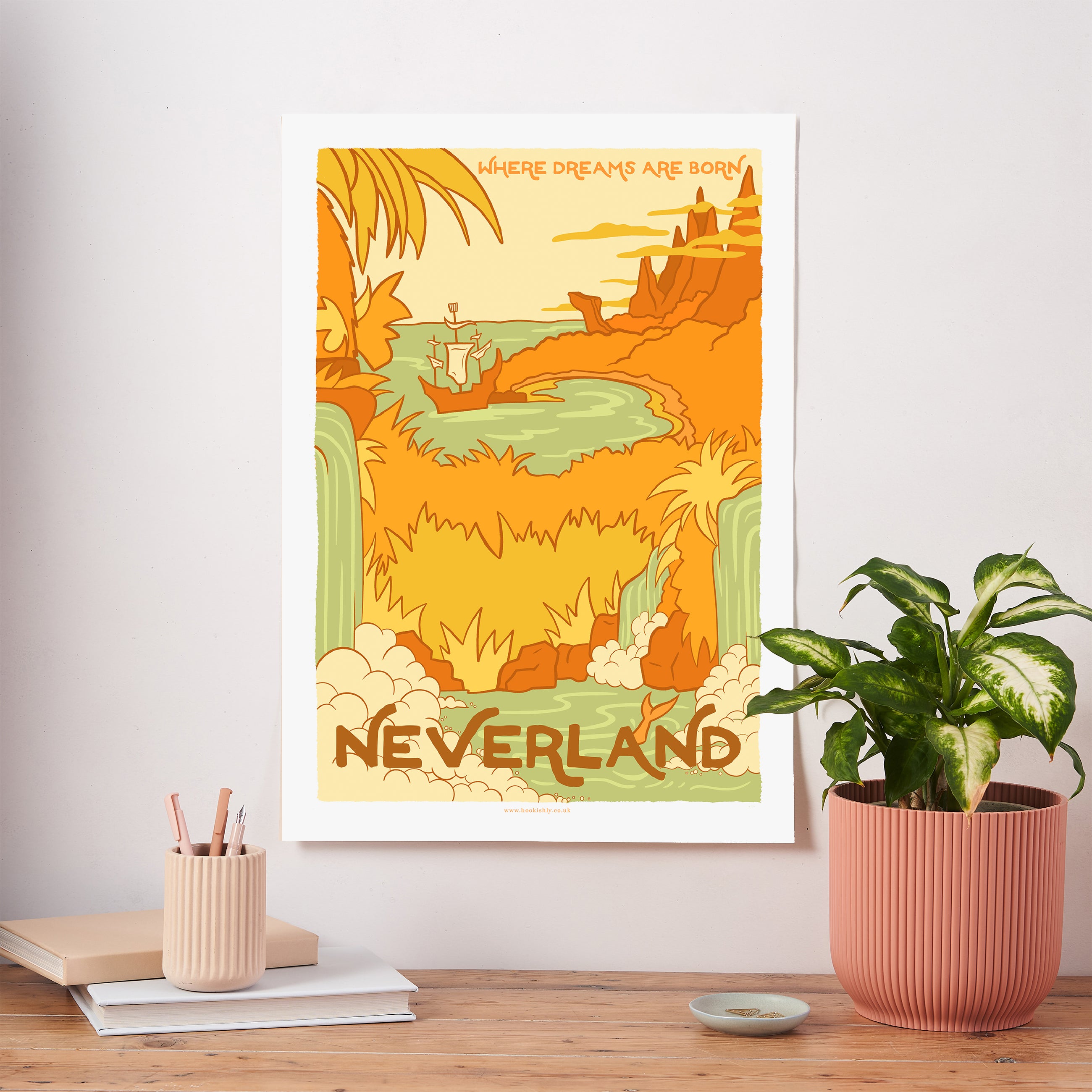 Neverland fictional travel art print inspired by Peter Pan, with a colourful island landscape, pirate ship, waterfall, and golden sky in a retro poster style