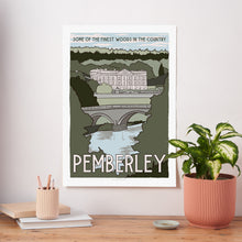 Pemberley fictional travel art print inspired by Pride and Prejudice, with a vintage-style illustration of a stately home, arched bridge and woodland landscape