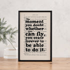 Framed book page print with the quote “The moment you doubt whether you can fly, you cease forever to be able to do it” from Peter Pan.